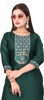 modernhav Women Embroidered Straight Kurta(Dark Green)