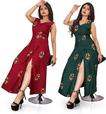 Hiral Creation Women Printed, Floral Print Frontslit Kurta(Red, Green)