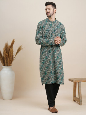 House of Pataudi Men Embroidered Straight Kurta(Light Blue)