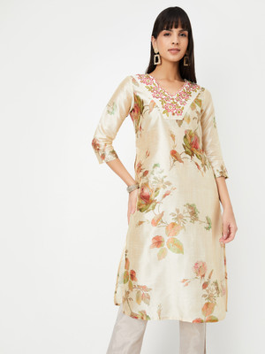 MAX Women Printed, Embroidered Straight Kurta(Beige)