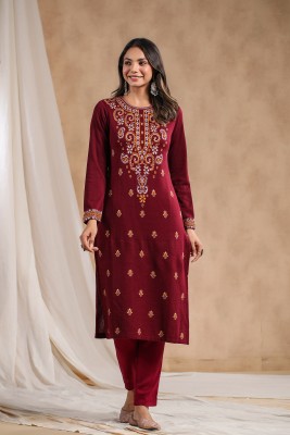 Ishin Women Printed Straight Kurta(Maroon)