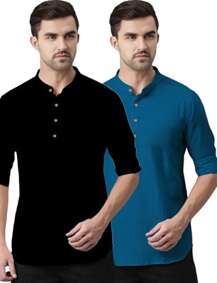 GOD HEART Men Solid Straight Kurta(Blue)