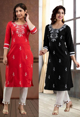 vikshi Women Chikan Embroidery Straight Kurta(Multicolor)