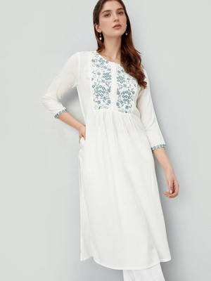 DESIRABASIX Women Embroidered A-line Kurta(White)