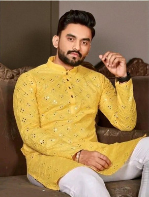 Bisswas Men Embroidered Straight Kurta(Black)