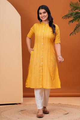 VELVET VIBE Women Woven Design A-line Kurta(Yellow)