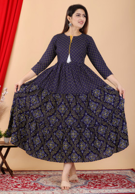 Most Women Printed Flared Kurta(Blue)