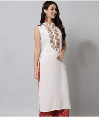 Emica Women Embroidered Straight Kurta(White)