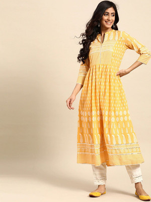 all about you Women Printed A-line Kurta(Yellow)