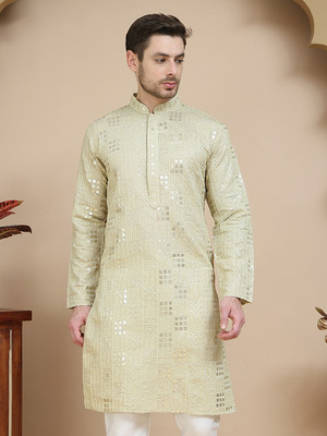 Jompers Men Embroidered Straight Kurta(Green)