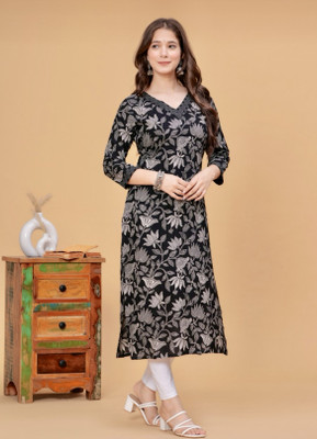 Kedarnath creation Women Printed A-line Kurta(Black)