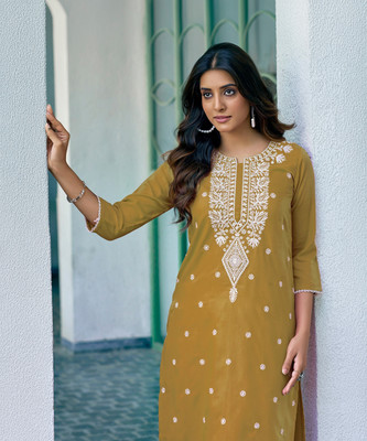 Skylee Women Chikan Embroidery, Embellished, Dyed/Ombre, Self Design Straight Kurta(Yellow)