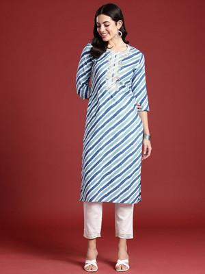 ANOUK Women Leheriya Straight Kurta(Blue)
