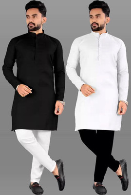 TIGERSNAKE Men Solid Straight Kurta(Black, White)