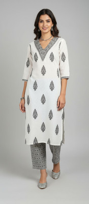 Nirmal Fabric Women Block Print, Printed Straight Kurta(White)