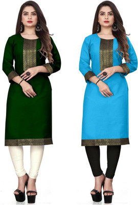 HF HOLYDAY FASHION Women Woven Design Straight Kurta(Dark Green, Light Blue)