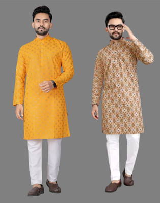 DHASU TRENDZ Men Printed Straight Kurta(Yellow, Beige)