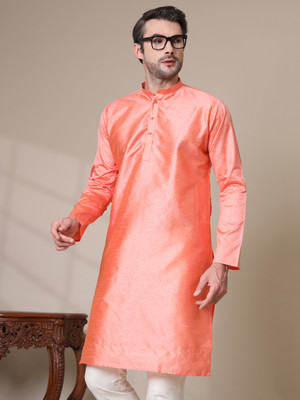ADHIRAJAN Men Solid Straight Kurta(Orange)