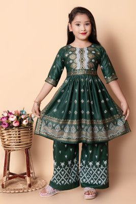 RAHUL MULLICK Girls Ikat Trail Cut Kurta(Green)