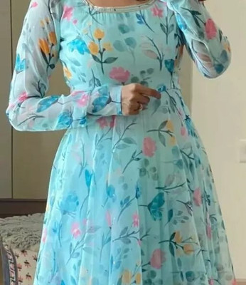Tejanient Women Floral Print, Geometric Print, Printed Anarkali Kurta(White, Blue)
