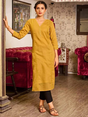 RR SA KURTIS Women Embroidered Straight Kurta(Yellow)