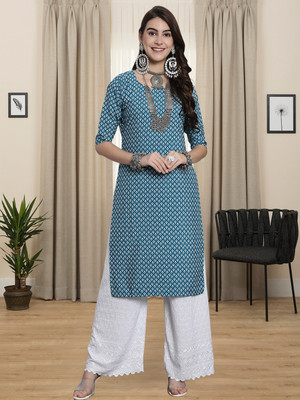 1 Stop Fashion Women Printed A-line Kurta(Blue)