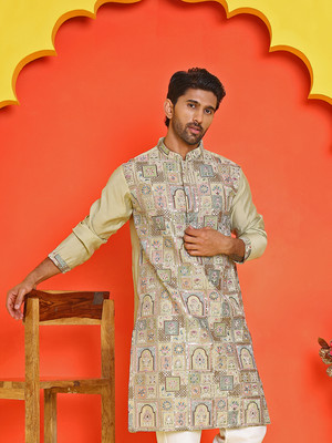 Jompers Men Embroidered Straight Kurta(Green)