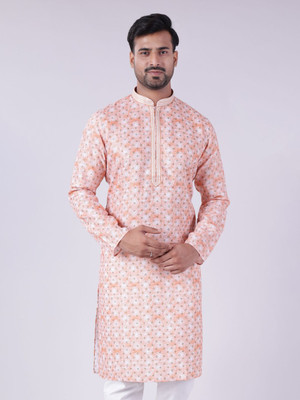 Aurik Men Printed Straight Kurta(Pink, White)