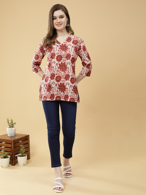 Earthstick Women Printed Flared Kurta(White, Orange, Red)