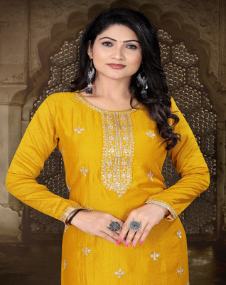 Parwati Creation Women Embroidered Straight Kurta(Yellow)