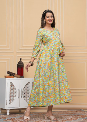 UrbanRang Women Printed Anarkali Kurta(Yellow, Green)