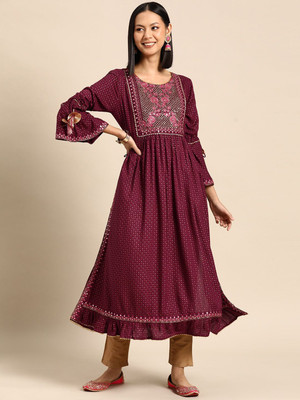 all about you Women Embroidered A-line Kurta(Maroon)
