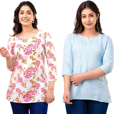 VROEGER Women Floral Print, Striped Straight Kurta(Pink, Blue)