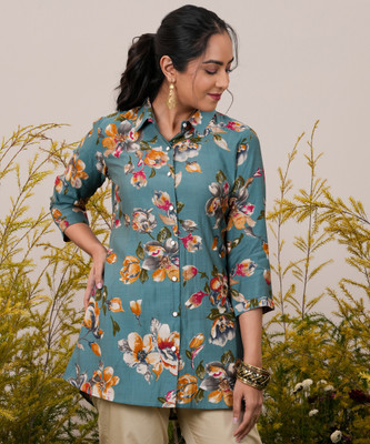 LIBAS Women Floral Print A-line Kurta(Blue)