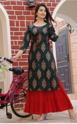 Itemzon Women Printed A-line Kurta(Green)