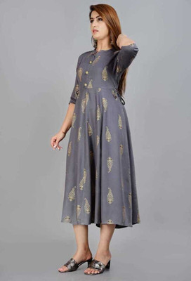 Smein Women Printed Flared Kurta(Grey)
