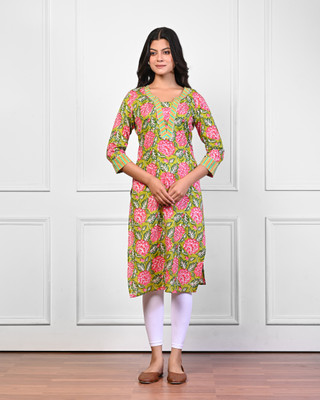 Kannahi Women Floral Print A-line Kurta(Green)