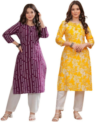 Anmi Printed Women Straight Kurta(Maroon, Yellow)