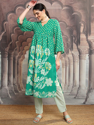 Vishudh Women Printed A-line Kurta(Green)