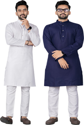 DHASU TRENDZ Men Solid Straight Kurta(White, Dark Blue)