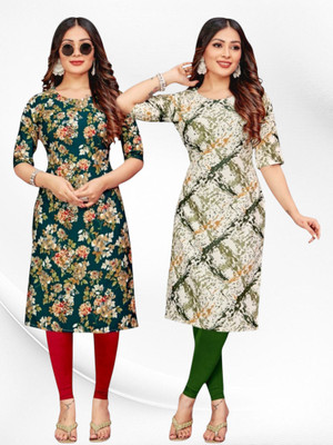 HouseOfCommon Women Printed Straight Kurta(Green, White)