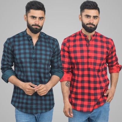 QuaClo Men Checkered Straight Kurta(Dark Blue, Black, Red)