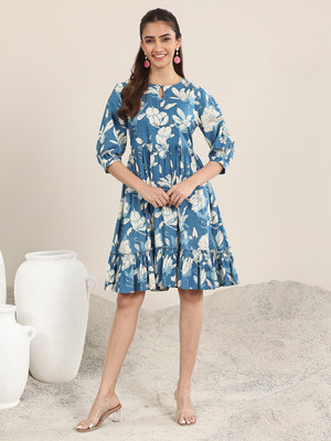 LIBAS Women Printed Flared Kurta(Blue)