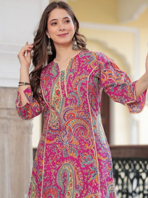Anvi creation Women Printed Straight Kurta(Pink)