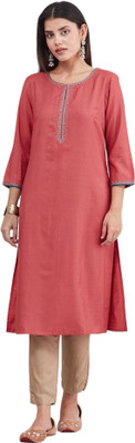 Fabindia Women Embroidered Straight Kurta(Pink)