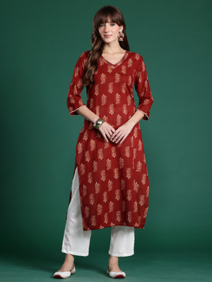 Indo Era Women Printed Straight Kurta(Maroon)
