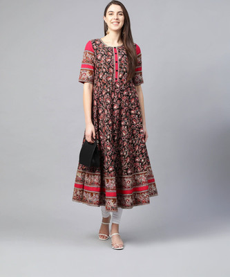 IKRASS Women Floral Print Anarkali Kurta(Black)