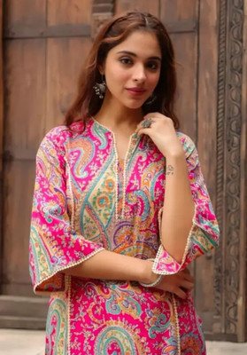 KURTIBAZAAR Women Woven Design A-line Kurta(Pink)