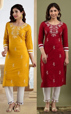 vikshi Women Chikan Embroidery Straight Kurta(Yellow, Red)