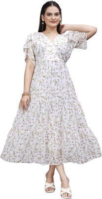 Parth Creation Women Printed Flared Kurta(White)